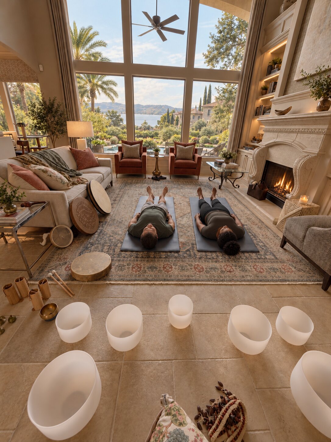 Softly lit resort living room set for a sound bath session, with two attendees resting on mats surrounded by singing bowls